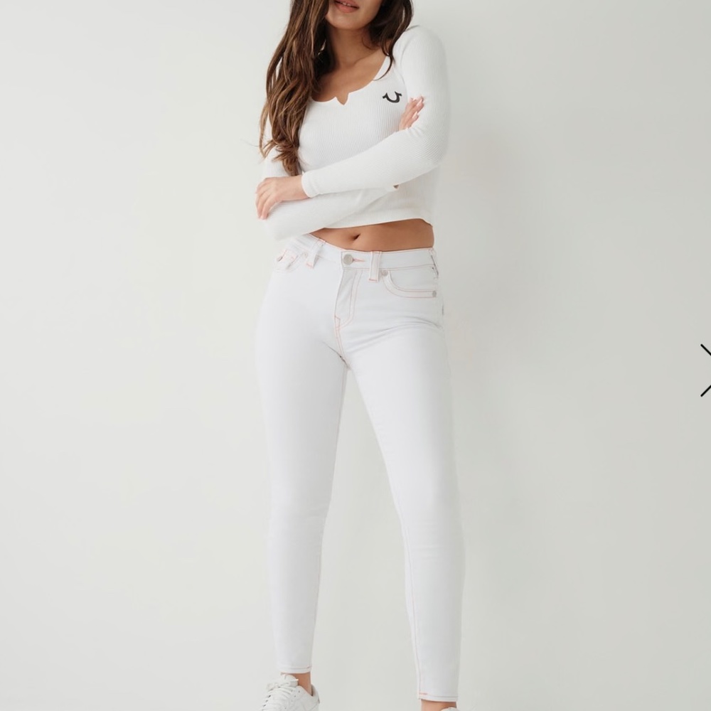 NWT True Religion Jennie Curvy Mid Rise Super Skinny White with Orange Size 31 - Picture 2 of 12